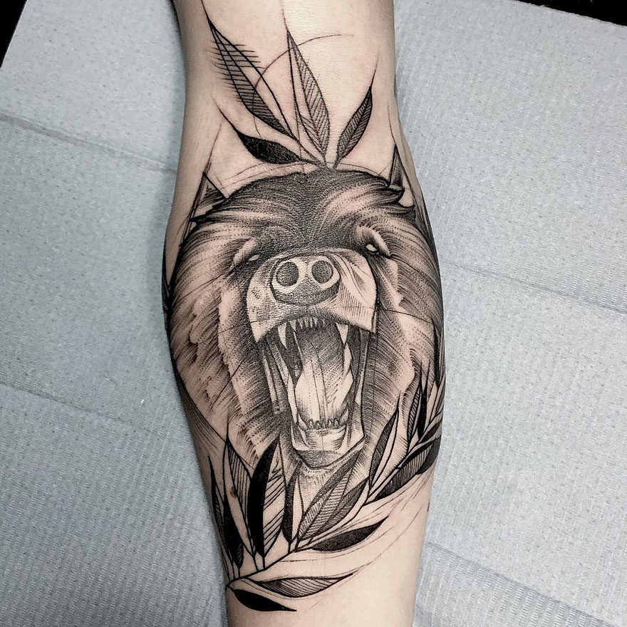 Sketch tattoo of a roaring bear by Frank Carrilho, showcasing the beauty of imperfection.