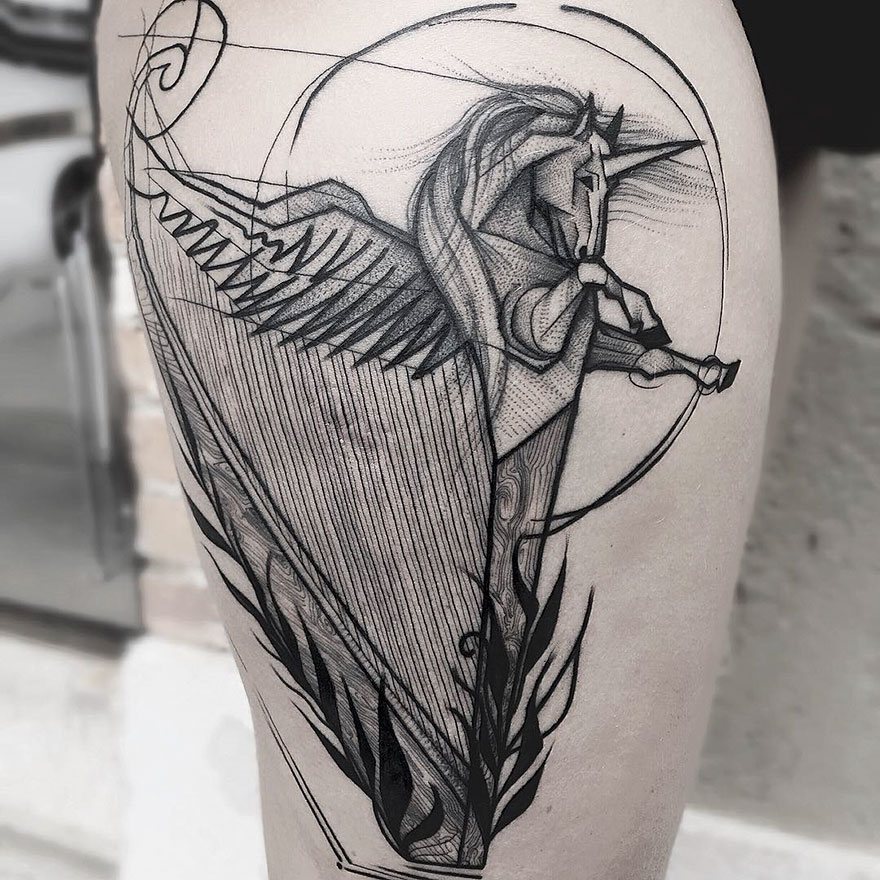 Sketch tattoo of a stylized, abstract winged figure on skin, illustrating the beauty of imperfection.