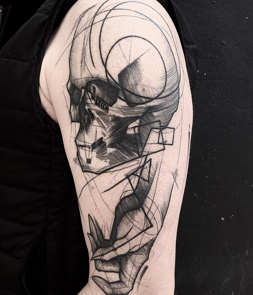 Sketch tattoo by Frank Carrilho featuring abstract lines and geometric shapes on an arm.