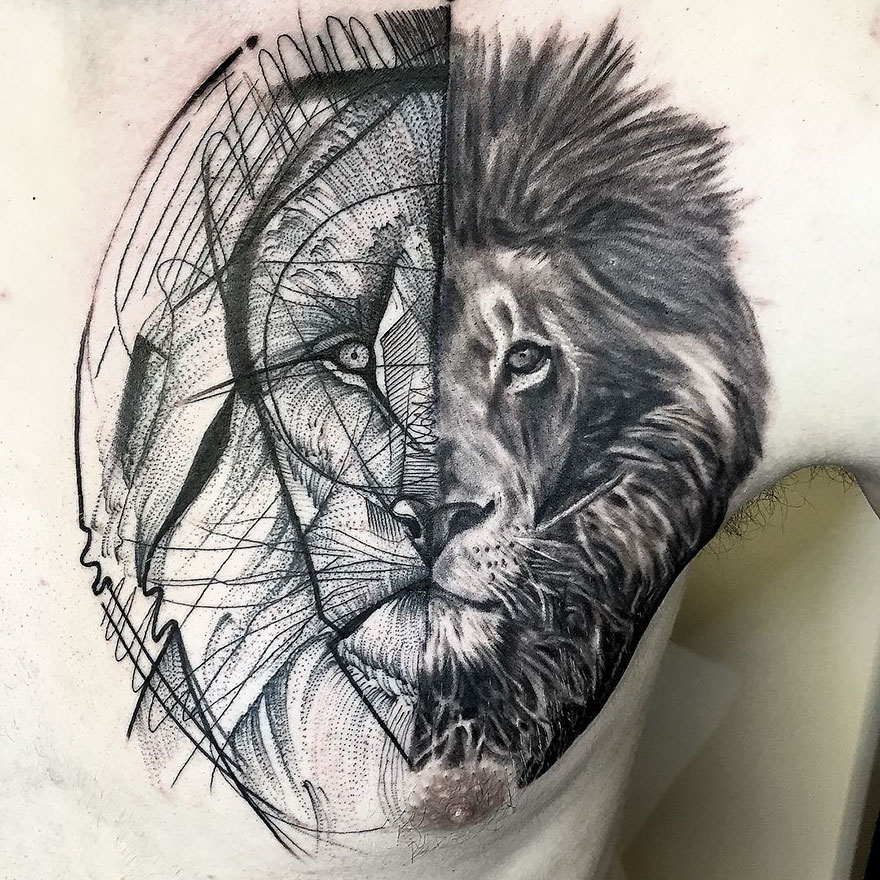 Lion sketch tattoo by Frank Carrilho, blending abstract and realistic elements on a person's chest.