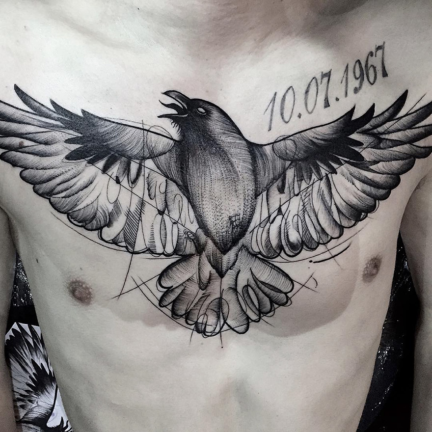 Sketch tattoo of a bird on a chest by Frank Carrilho, showcasing imperfections with a date above.