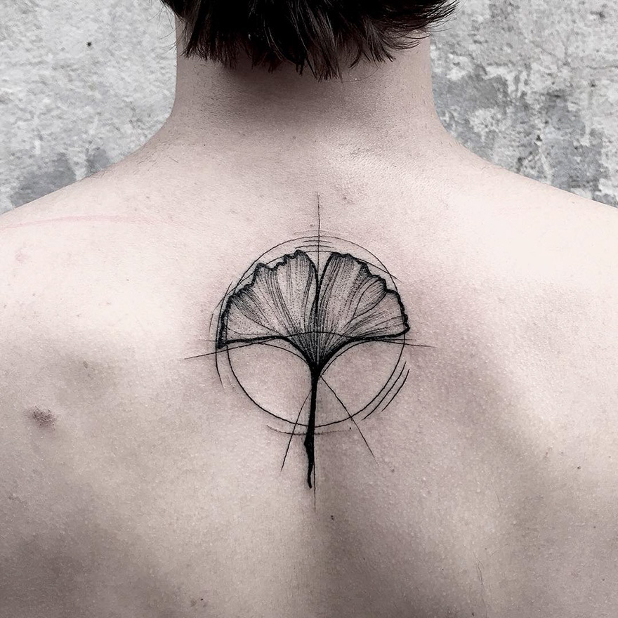 Sketch tattoo on a back, featuring an abstract flower design by Frank Carrilho, highlighting imperfection beauty.