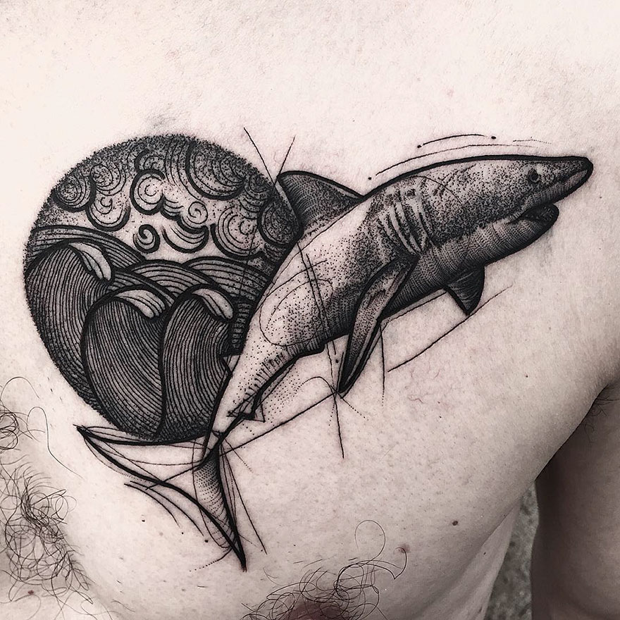 Sketch tattoo of a shark and waves, exemplifying the beauty of imperfection.