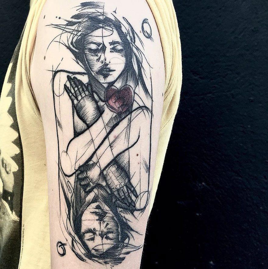 Sketch tattoo by Frank Carrilho showcasing artistic imperfection on an arm.