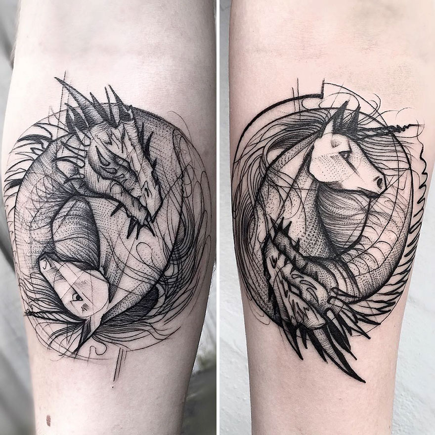 Sketch tattoos by Frank Carrilho depicting abstract dragon and unicorn designs on skin, showcasing artistic imperfections.