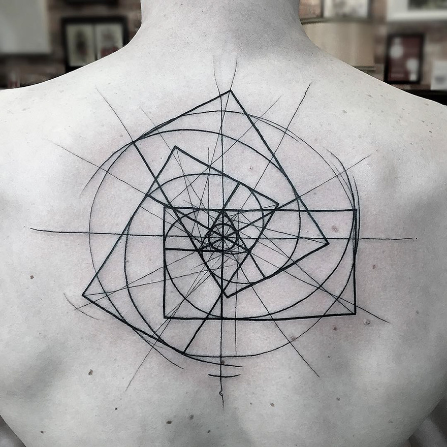 Sketch tattoo by Frank Carrilho on a back, showcasing geometric and imperfect line designs.