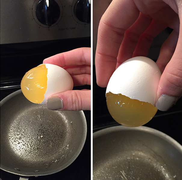 Perfectly c*****d egg with yolk intact, held over a frying pan, satisfying for any perfectionist's soul.