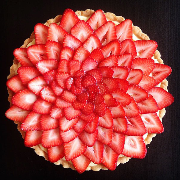 Perfectly arranged strawberry slices on a tart satisfy every perfectionist’s soul.