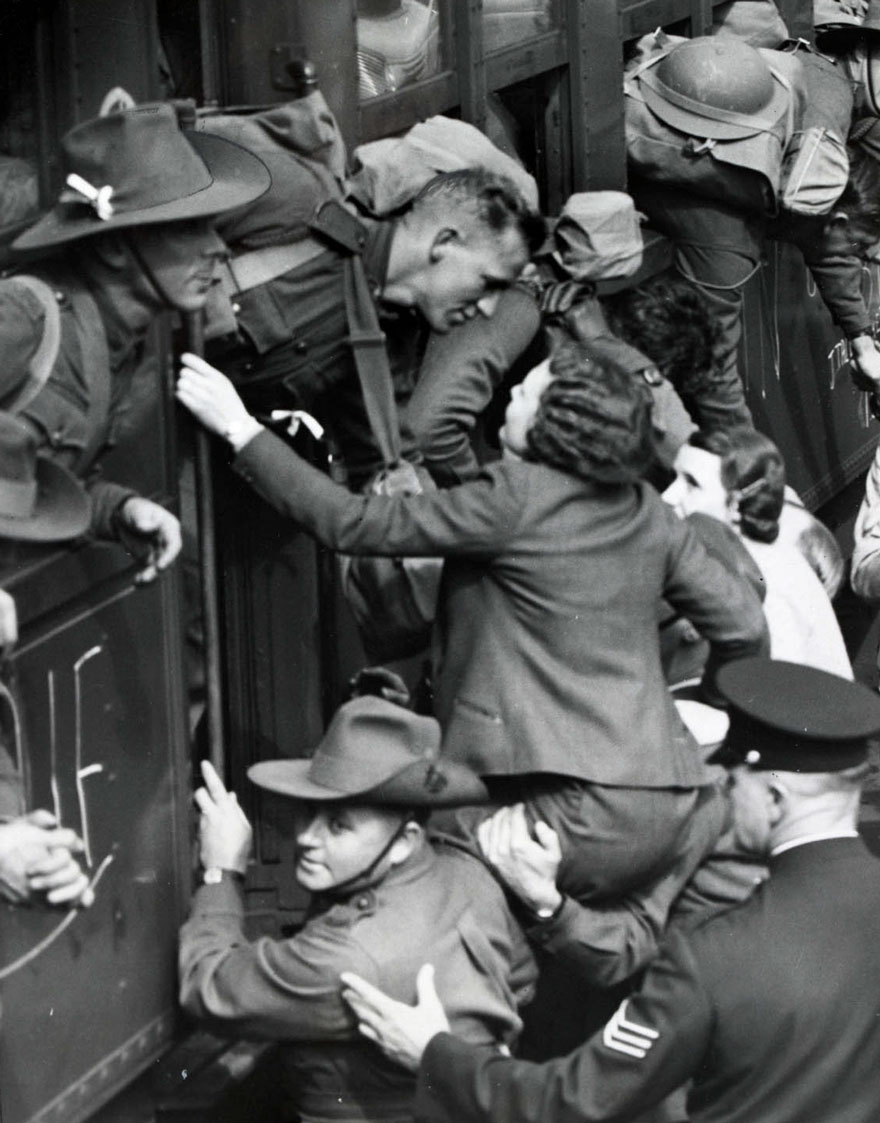 A Girl Climbs To Say Her Goodbye To A Soldier Going Off To Fight In World War II, 1940
