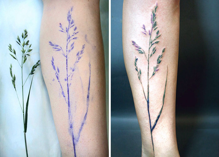 Botanical tattoo on an arm using real leaves as a stencil, showcasing intricate plant design.