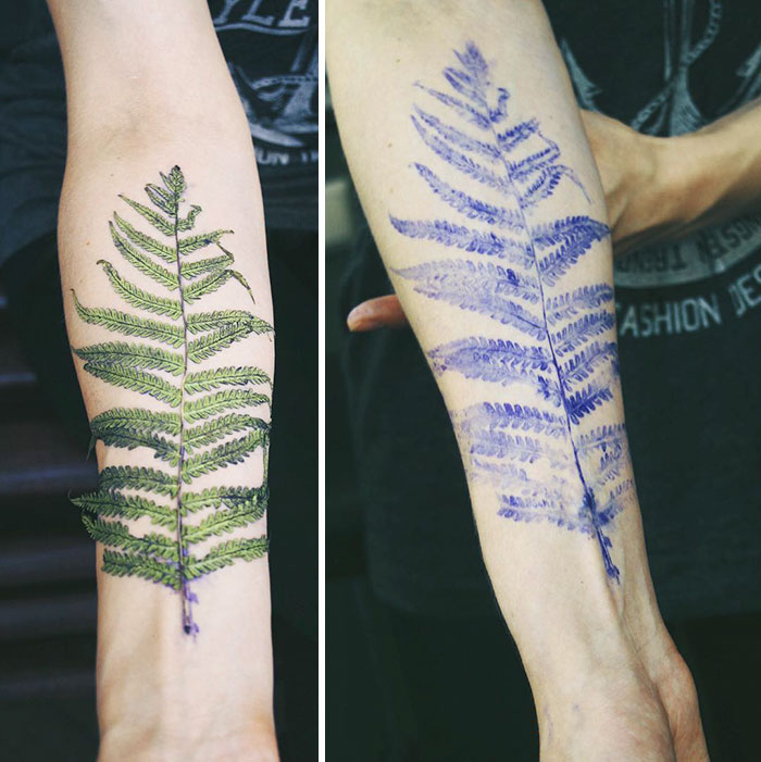 Botanical tattoo of ferns on arm, using real leaves as stencils to create intricate plant designs.