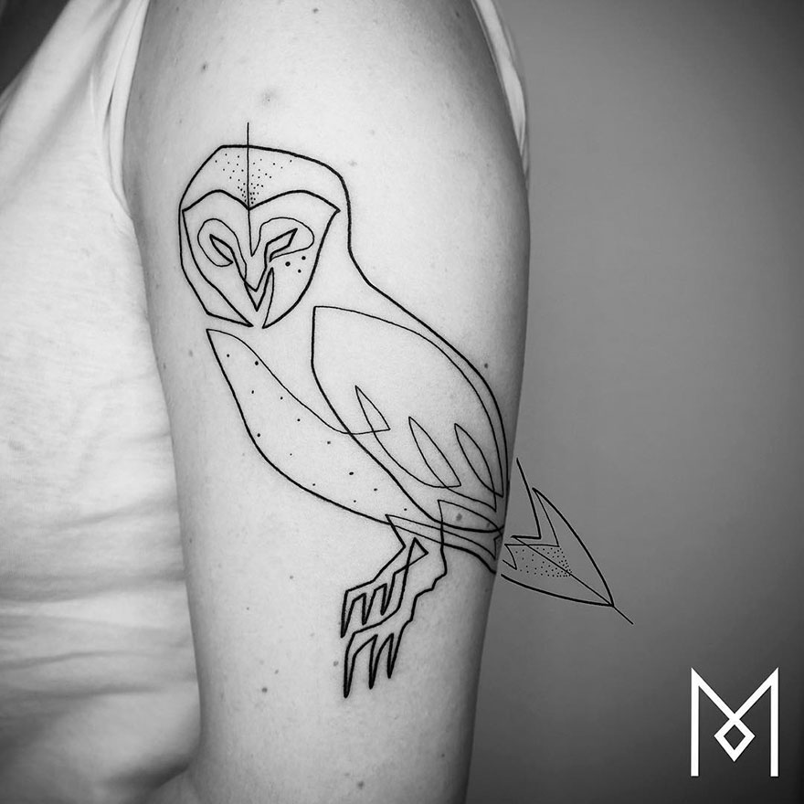 Minimalist single line tattoo of an owl on an arm by Iranian-German artist.