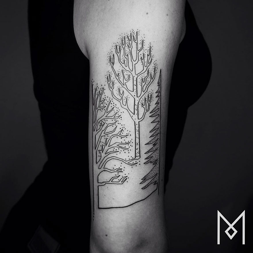 Minimalist single line tattoo of trees on an arm by Iranian-German artist.