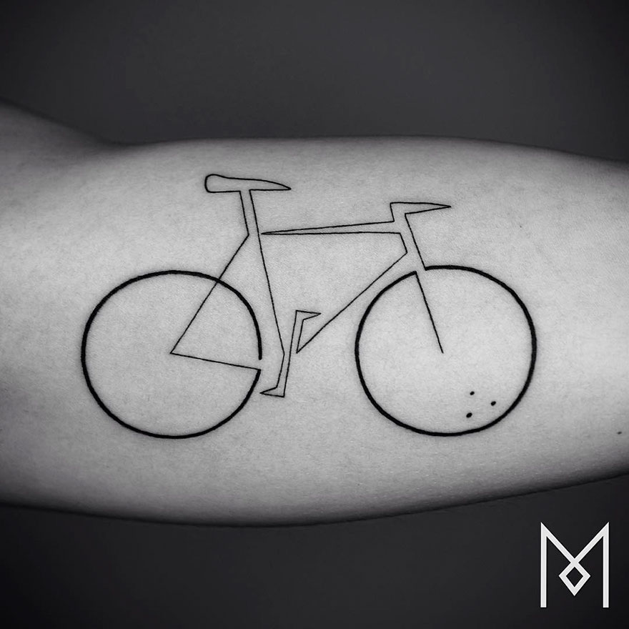 Minimalist single line tattoo of a bicycle on forearm by Iranian-German artist.
