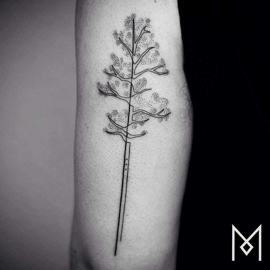 Minimalist single line tattoo of a tree on an arm by Iranian-German artist, featuring delicate branches and dot shading.