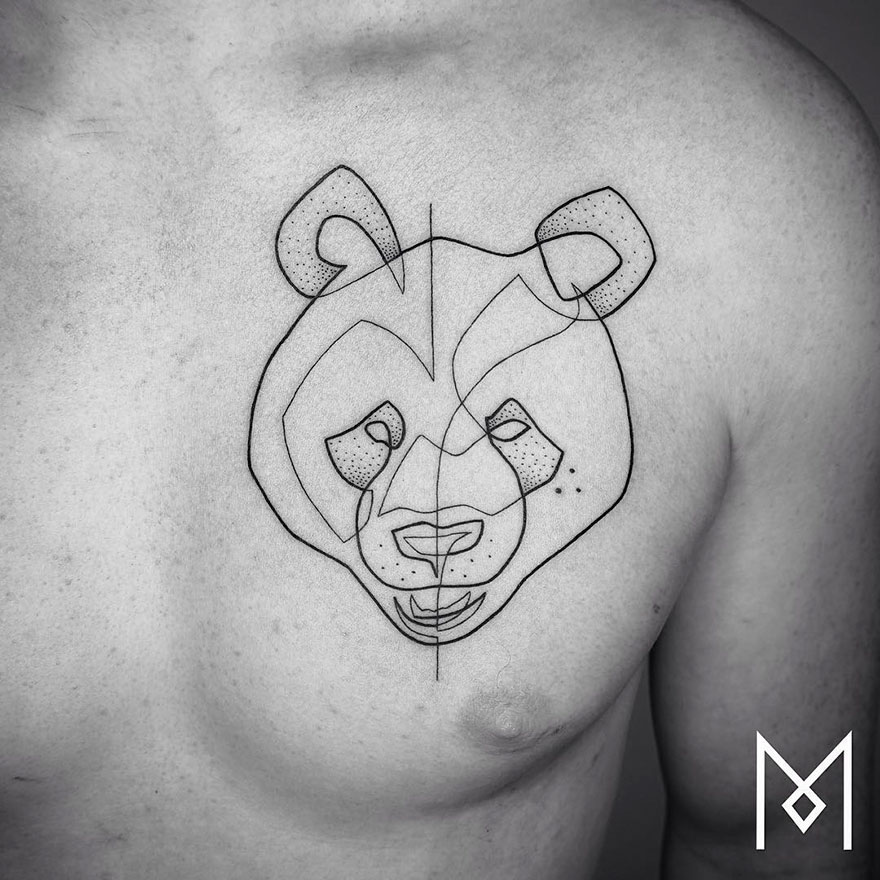 Minimalist single line tattoo of a bear on a person's chest, crafted by an Iranian-German artist.