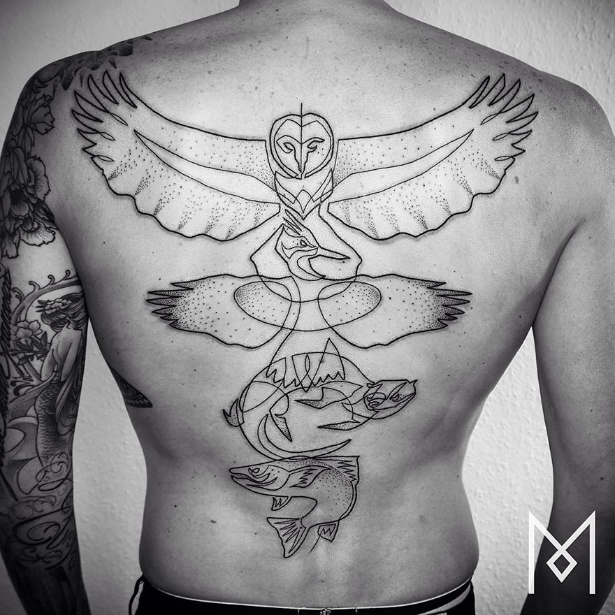 Minimalist single line tattoo of birds and fish on a person's back, showcasing intricate design by Iranian-German artist.