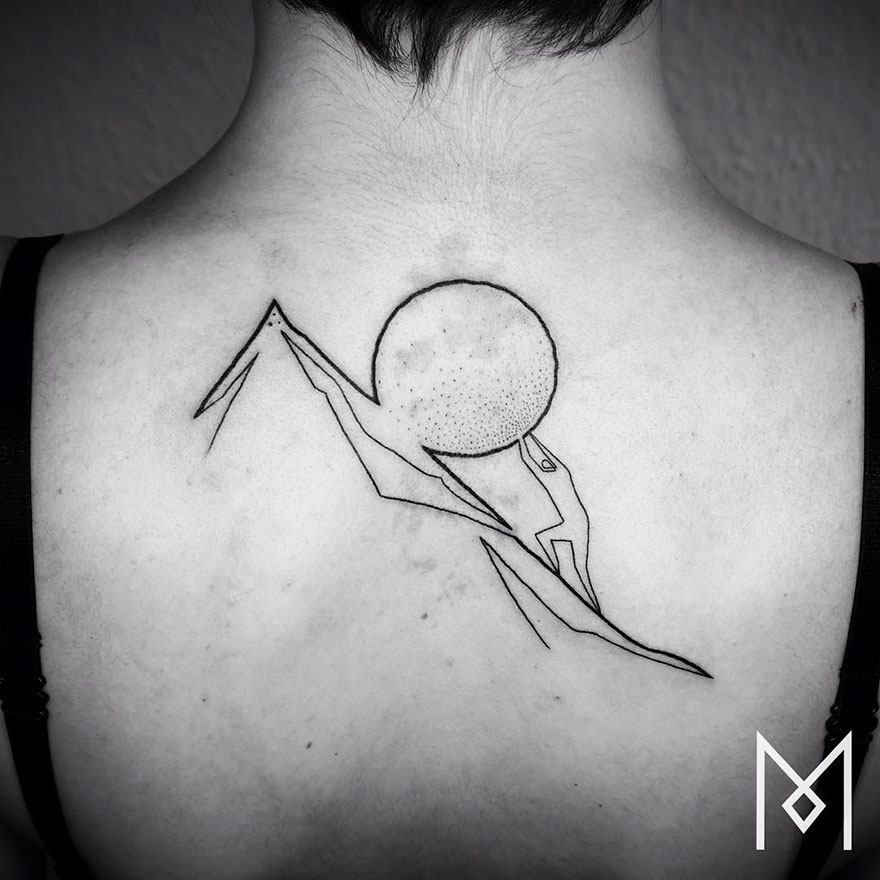 Minimalist single line tattoo depicting abstract mountain and sun on a person's back.