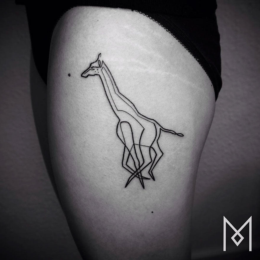 Minimalist single line tattoo of a giraffe on a person's thigh by Iranian-German artist.
