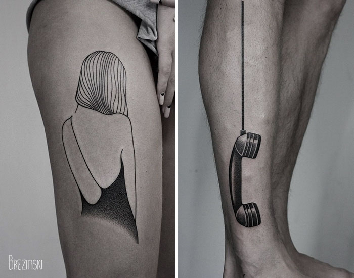 Surreal tattoos by Belarussian artist Ilya Brezinski depicting a woman and a telephone receiver on skin.