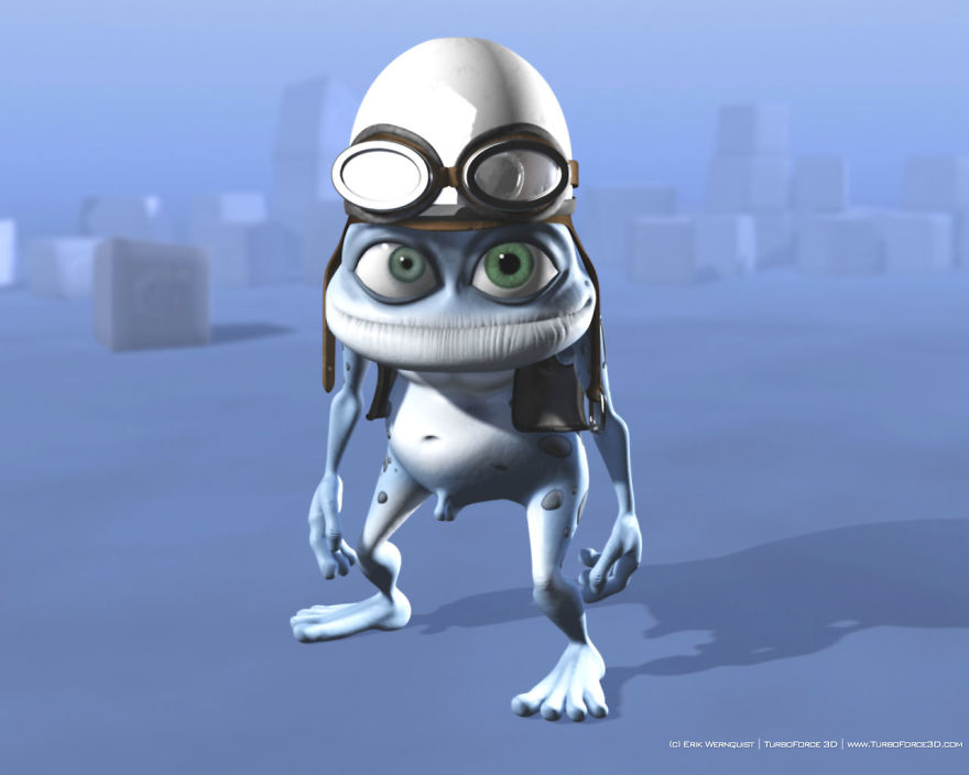 A cartoon character with goggles in a blue 3D environment, not related to Studio Ghibli wallpapers.