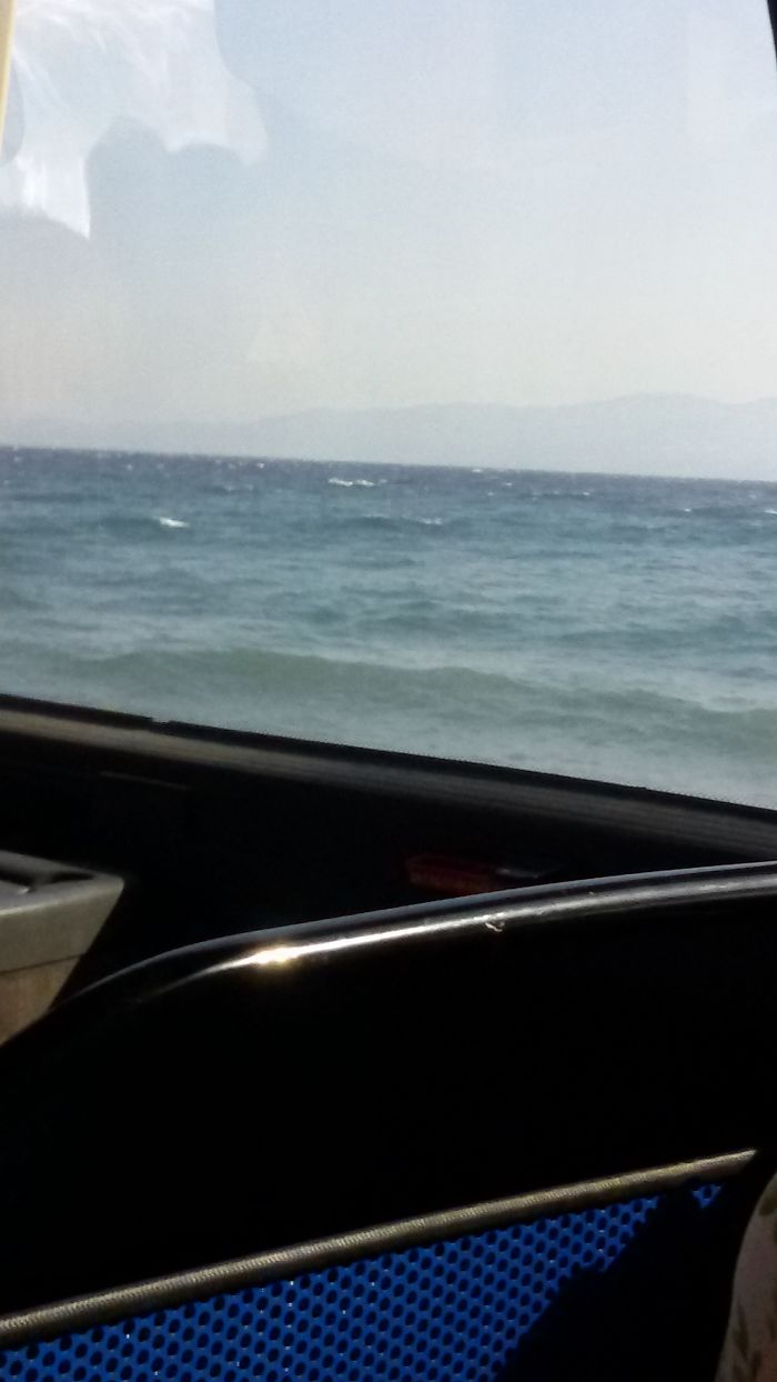 This Photo Was Taken From Inside A Bus,that Appears To Be Like Swimming Or Something