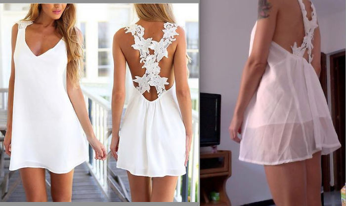 Online purchase regret: A white dress with floral lace back shown in a misleading online ad versus reality.