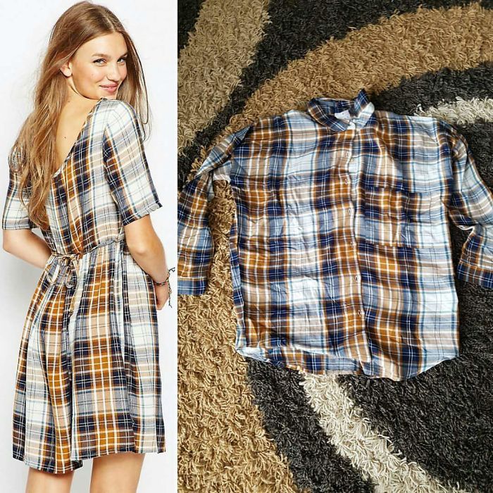 Plaid dress ordered online received as a poorly fitting shirt, showcasing regret in online purchases.