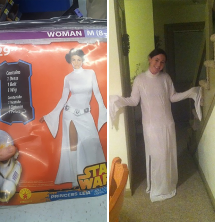 Disappointing online purchase: Woman in ill-fitting Princess Leia costume compared to the package image.