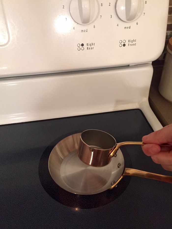 Tiny pan regretful purchase on stovetop, illustrating online buying mistakes.
