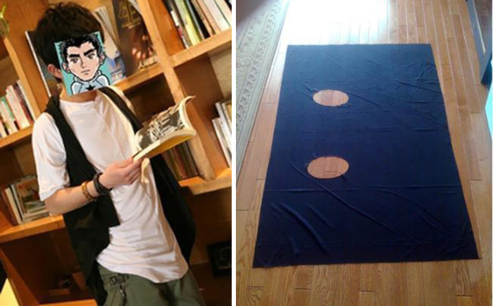 Person regretting online purchase, holding a book; cloth with irregular cutouts on floor.