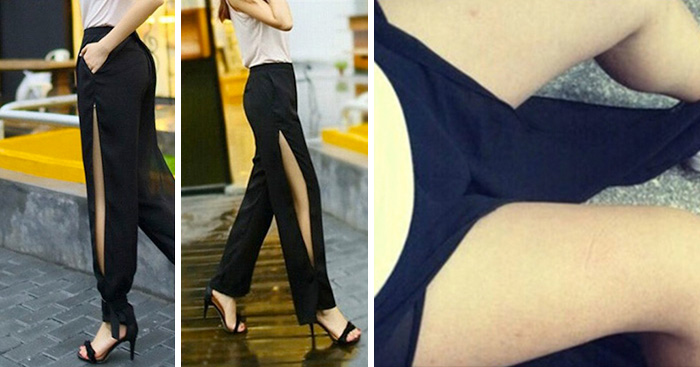 Split pants online purchase regret in two images, showing unexpected fit and design difference.