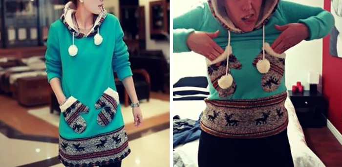 Uneven sweater design in online purchase causing regret.