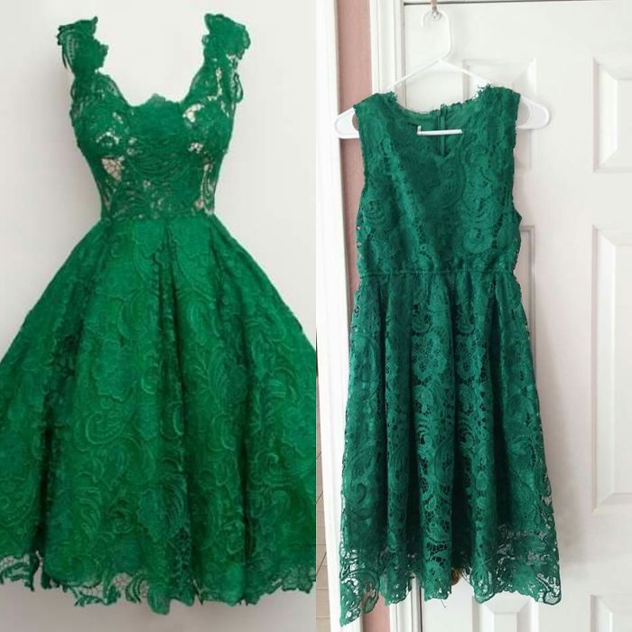 Green lace dress online purchase regret; left is expected, right is actual disappointing item.