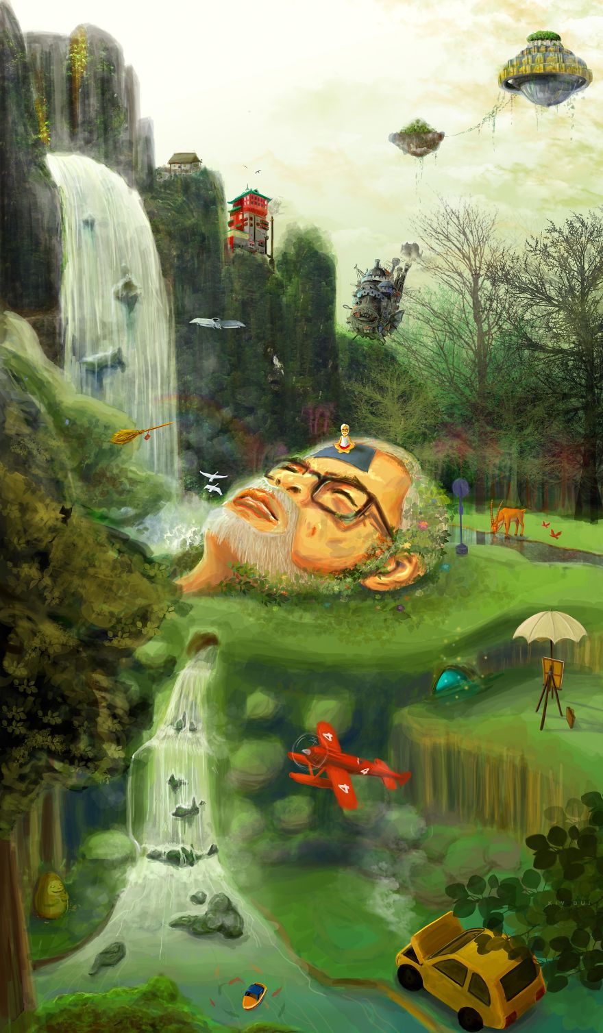 Illustrated Studio Ghibli landscape with waterfalls, floating islands, and whimsical elements.
