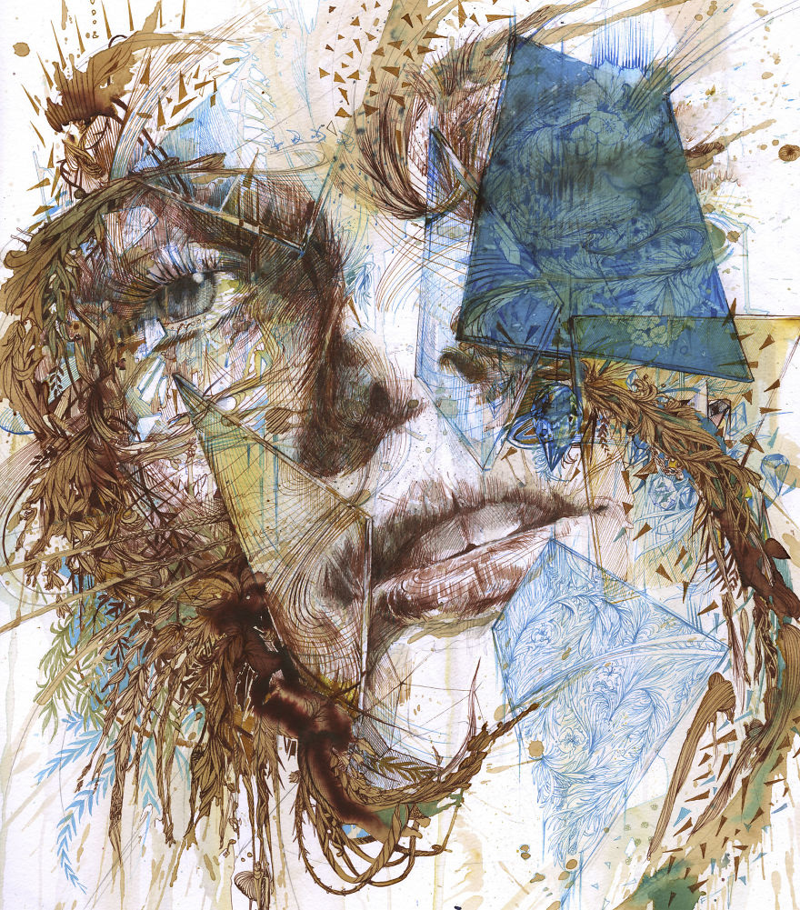 I Mix Ink, Tea, Alcohol, And Embroidery To Create These Paintings I Mix Ink, Tea, Alcohol, And Embroidery To Create These Paintings