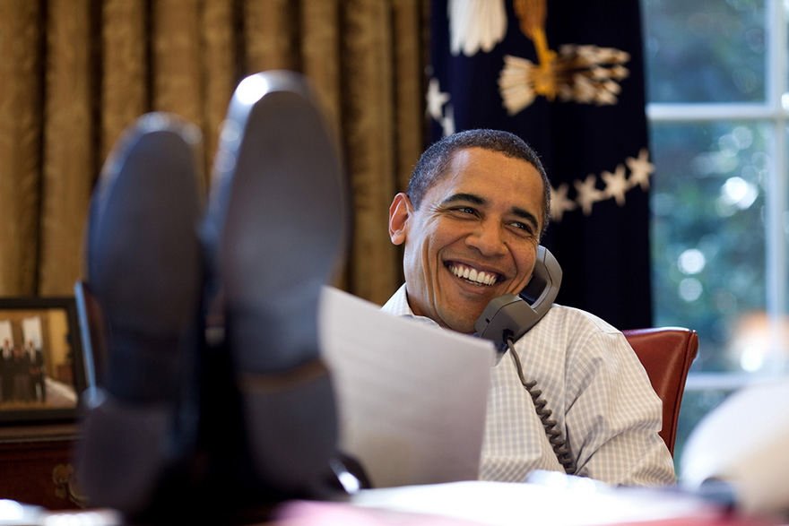 President Barack Obama Smiles While Talking With Russian President Dmitry Medvedev