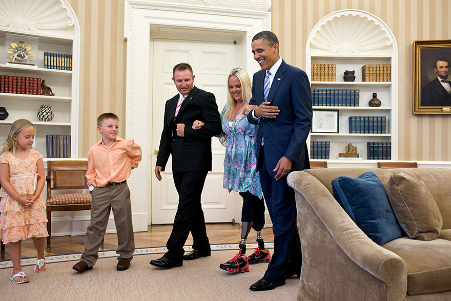 President Barack Obama Welcomes Stephanie Decker. Decker lost her legs while saving her two children during a tornado in southern Indiana in March