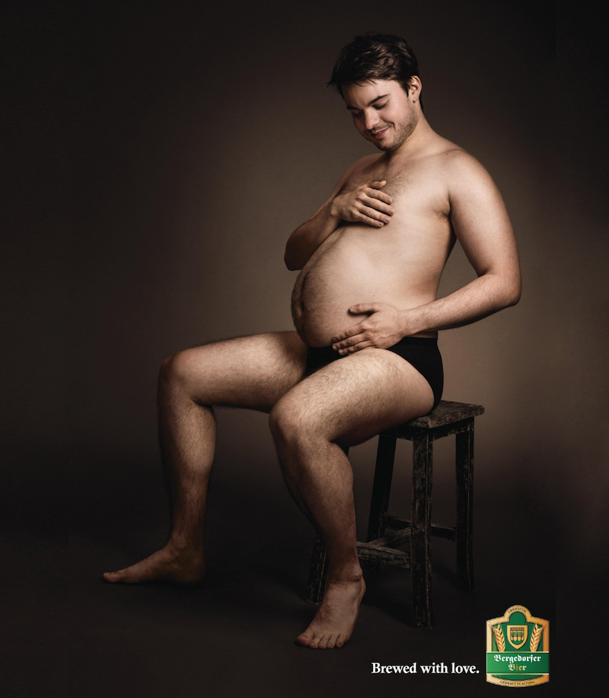 German Beer Ad Shows Men Cradling Their Beer Bellies Like Pregnant Moms.