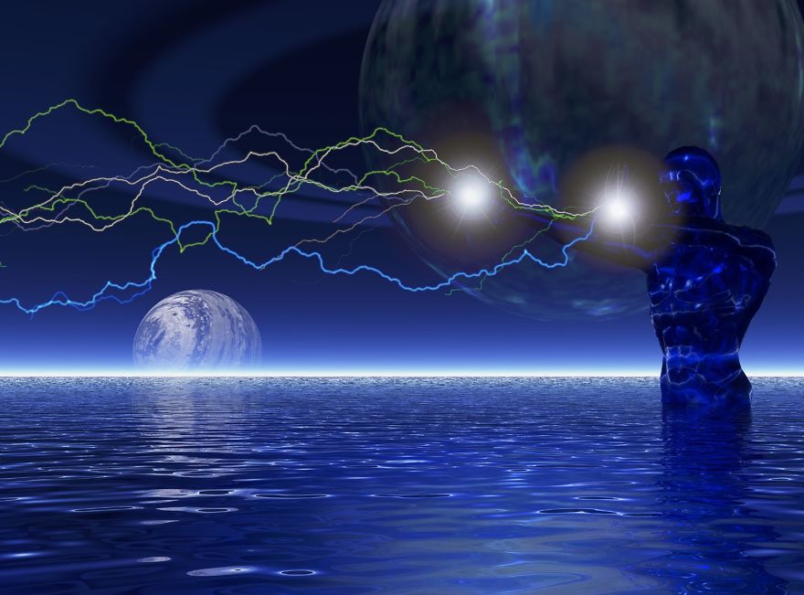 Fantasy digital art of a figure manipulating glowing energy above a reflective water surface under a moonlit sky.