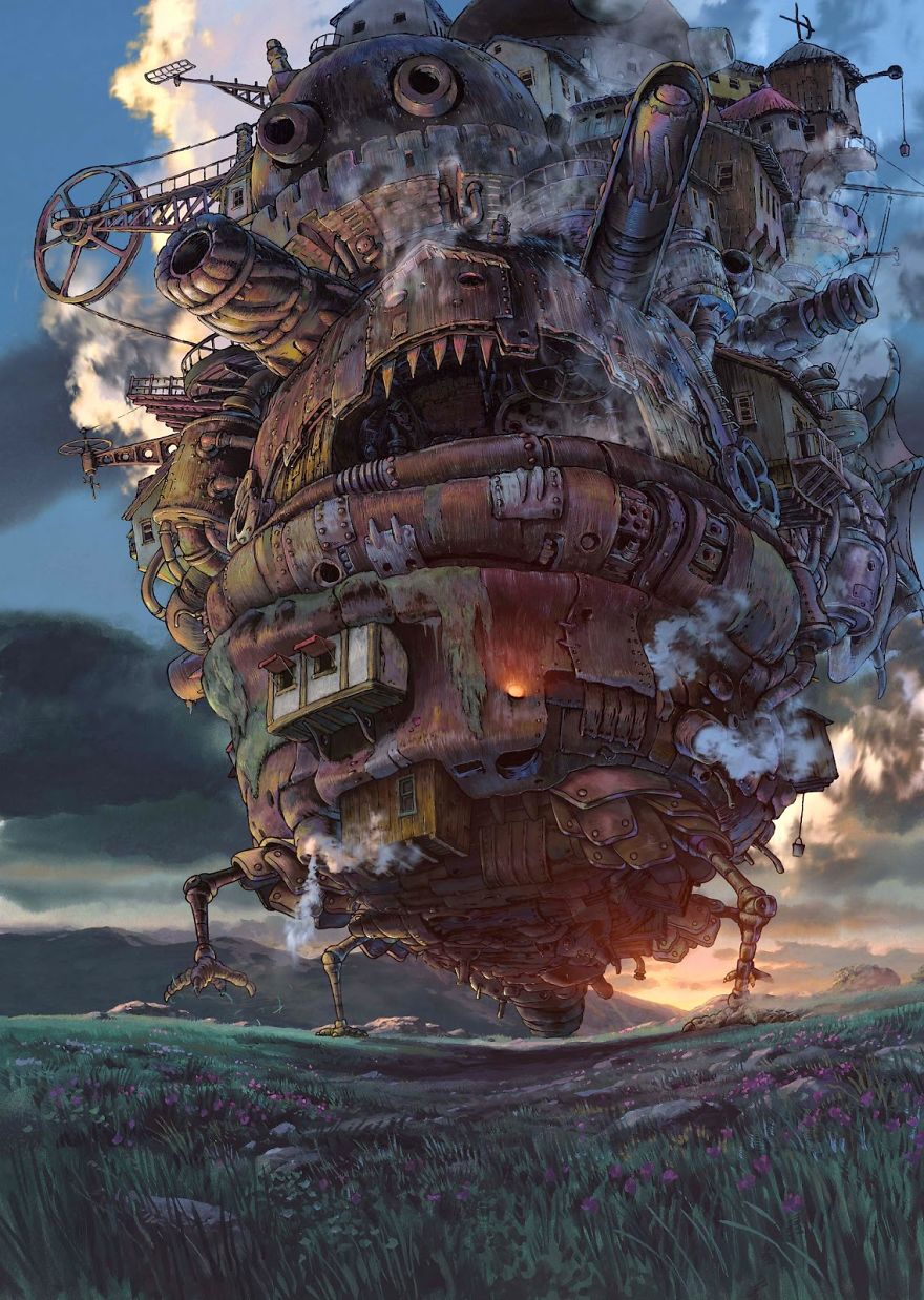 Studio Ghibli artwork featuring a detailed, mechanical castle in a serene landscape at sunset.