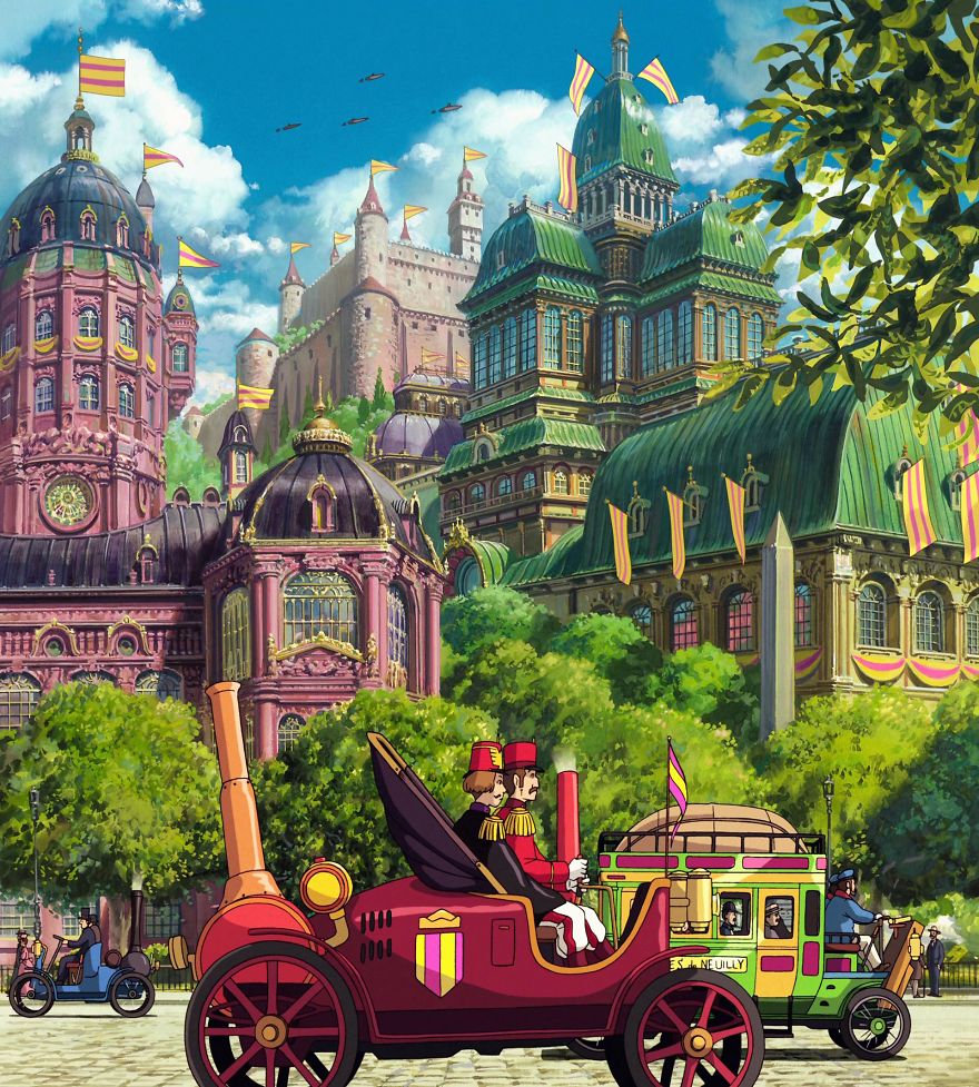 Studio Ghibli scene with whimsical architecture and vibrant colors, featuring iconic vehicles and lush greenery.