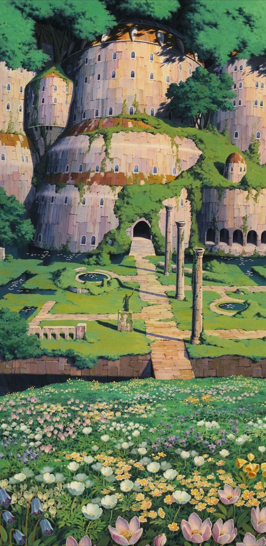 Studio Ghibli fortress scene with lush greenery and flowers.