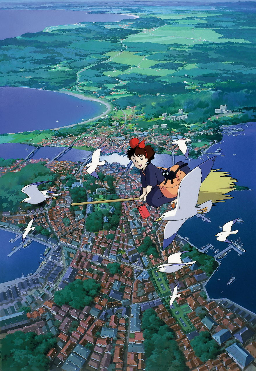 Studio Ghibli character flying over a coastal town with seagulls, showcasing vibrant scenery from animation.