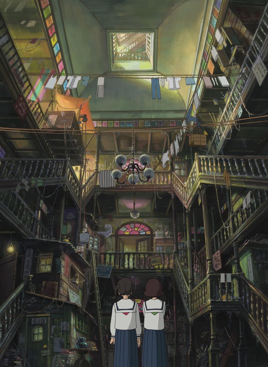 Studio Ghibli artwork showing two characters in a detailed atrium with balconies and hanging laundry.
