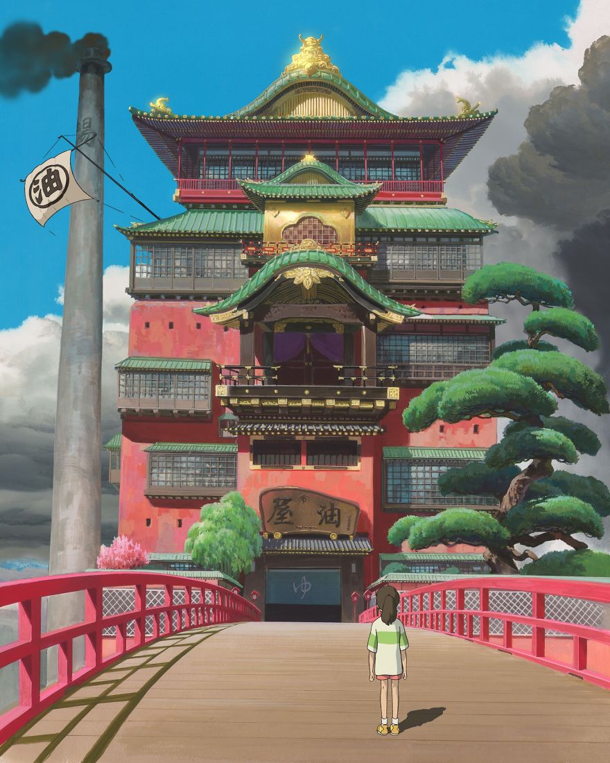 Studio Ghibli scene with a character on a red bridge facing a vibrant, detailed building.