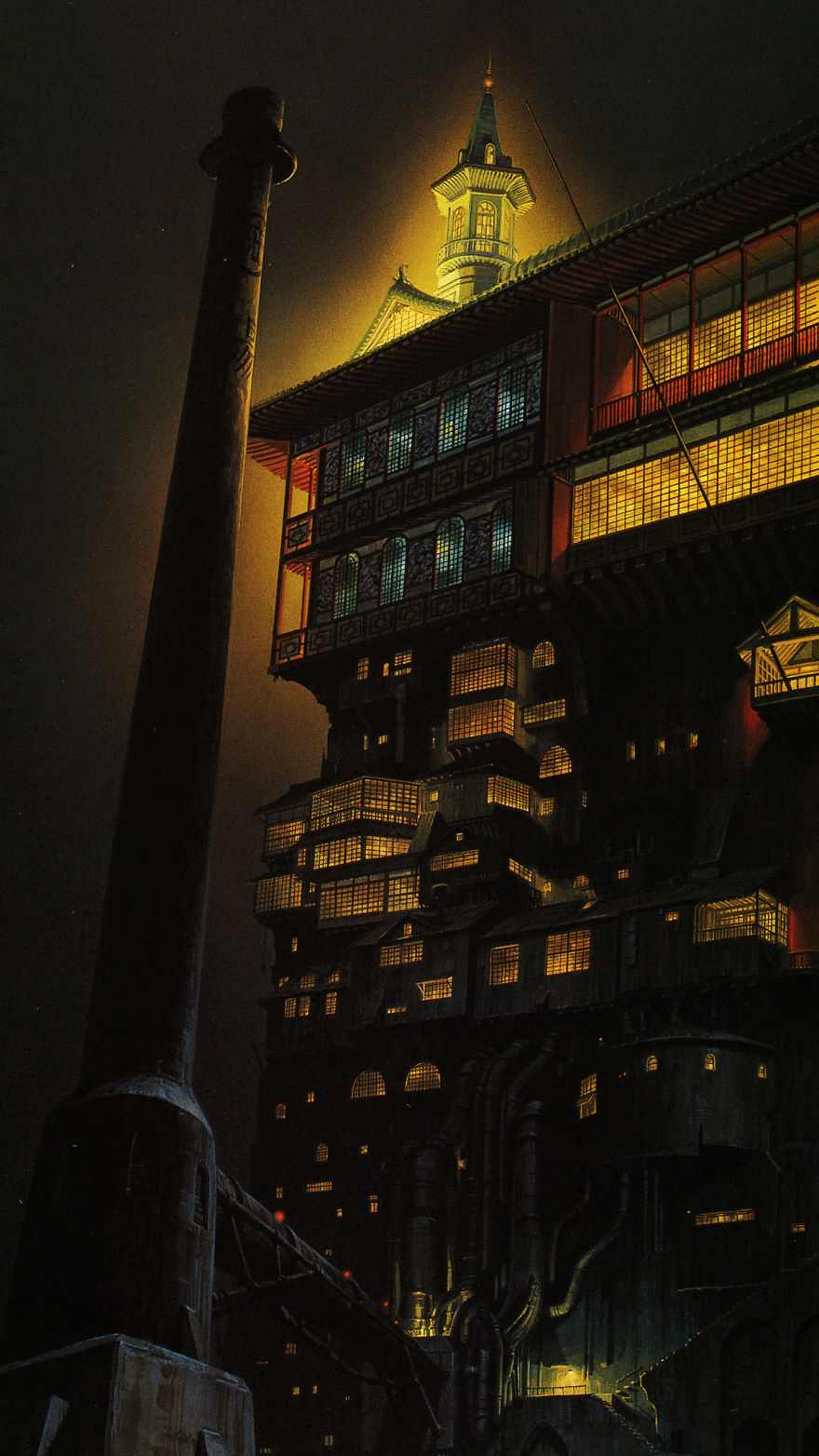 Studio Ghibli inspired scene with a tall, illuminated tower in the night.