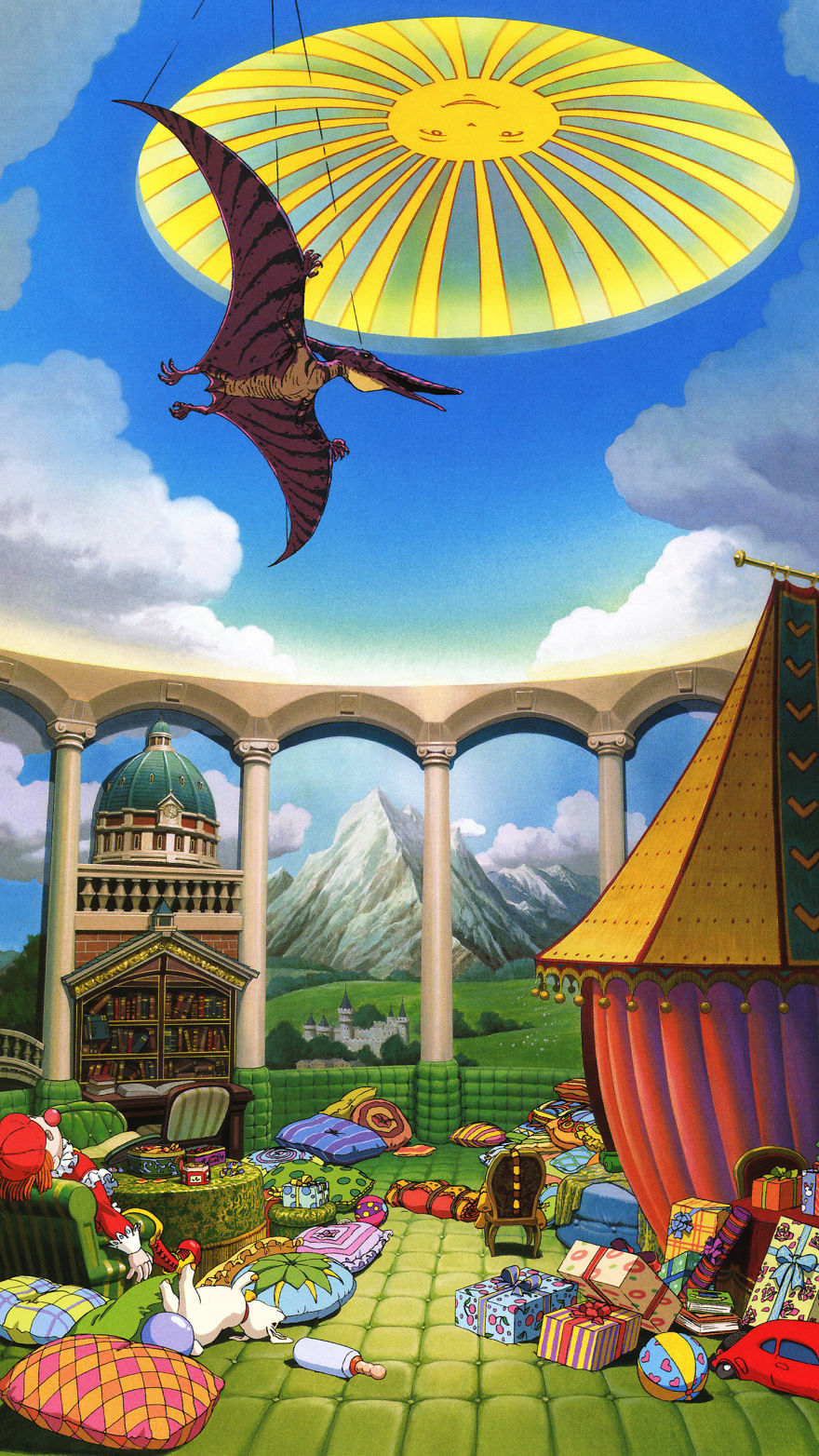 Studio Ghibli scene with a flying creature, colorful cushions, and a scenic backdrop of mountains and architecture.