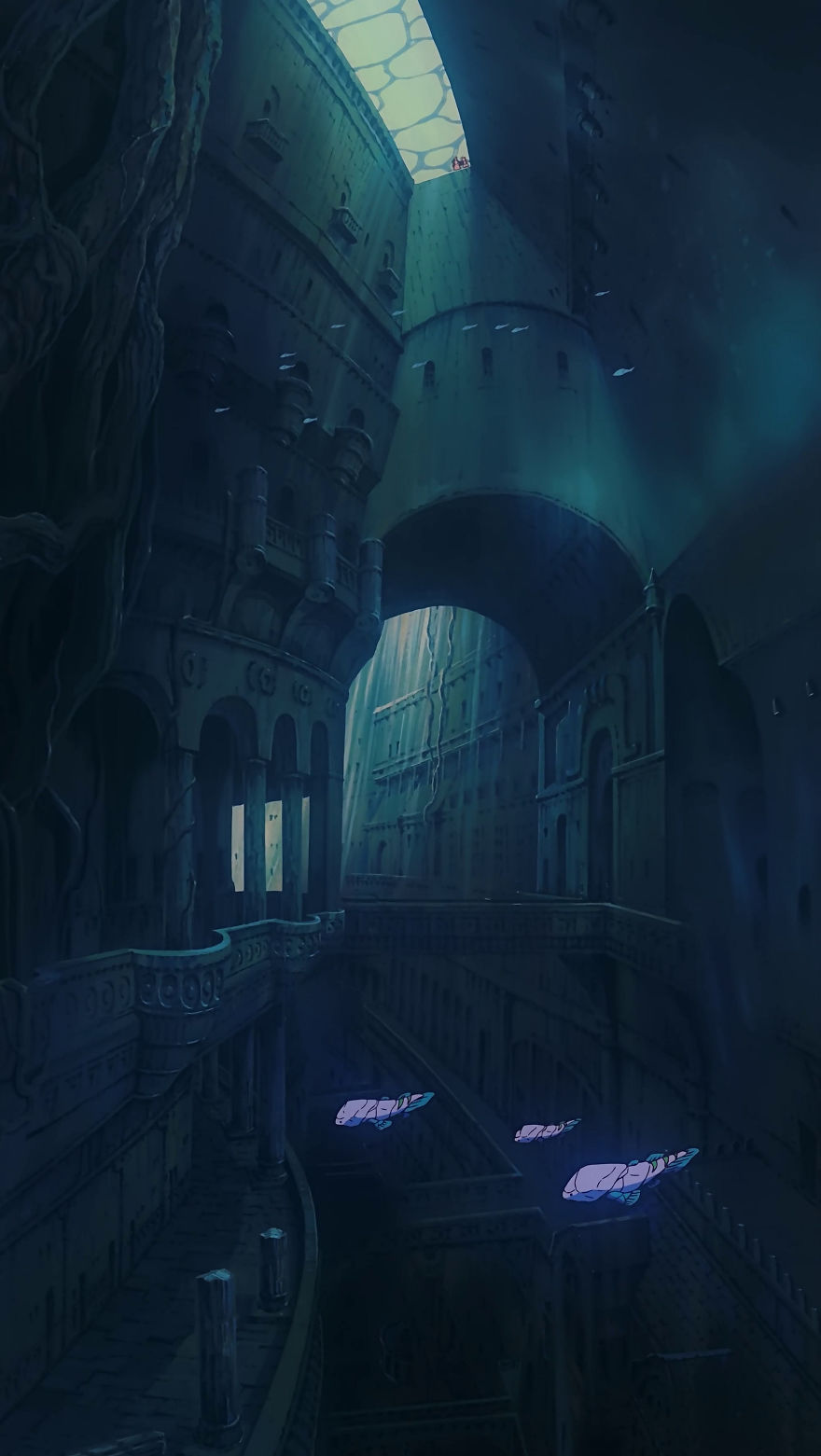 Studio Ghibli wallpaper depicting an ethereal, dimly lit fantasy structure with glowing elements.