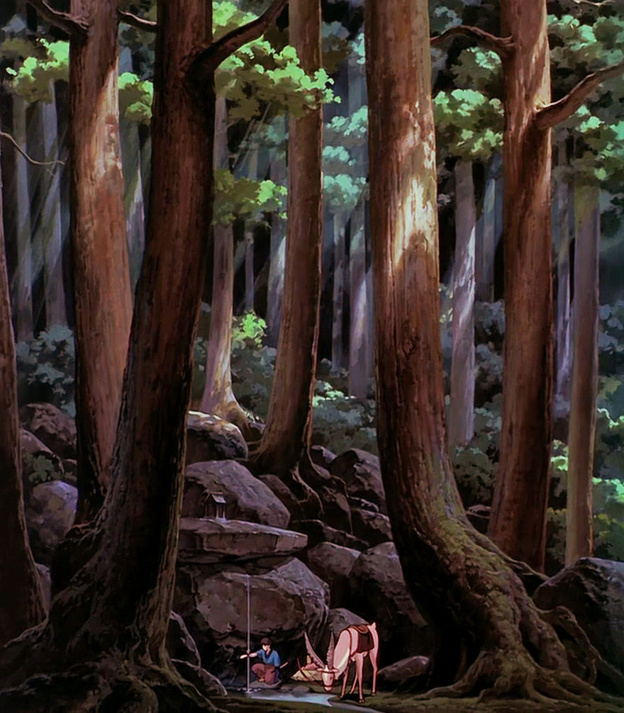 Studio Ghibli forest scene with tall trees, sunlight filtering through, and a figure near a deer.